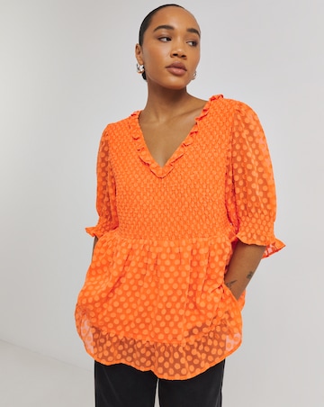 Hot Orange Shirred Frill Dobby Peplum Top