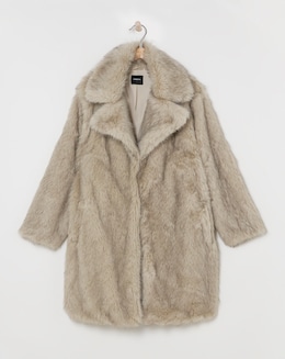 Natural Longline Collar Revere Faux Fur Coat
