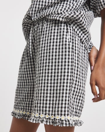 Neon Rose Gingham Seersucker Shorts with Pintuck Daisy Trims