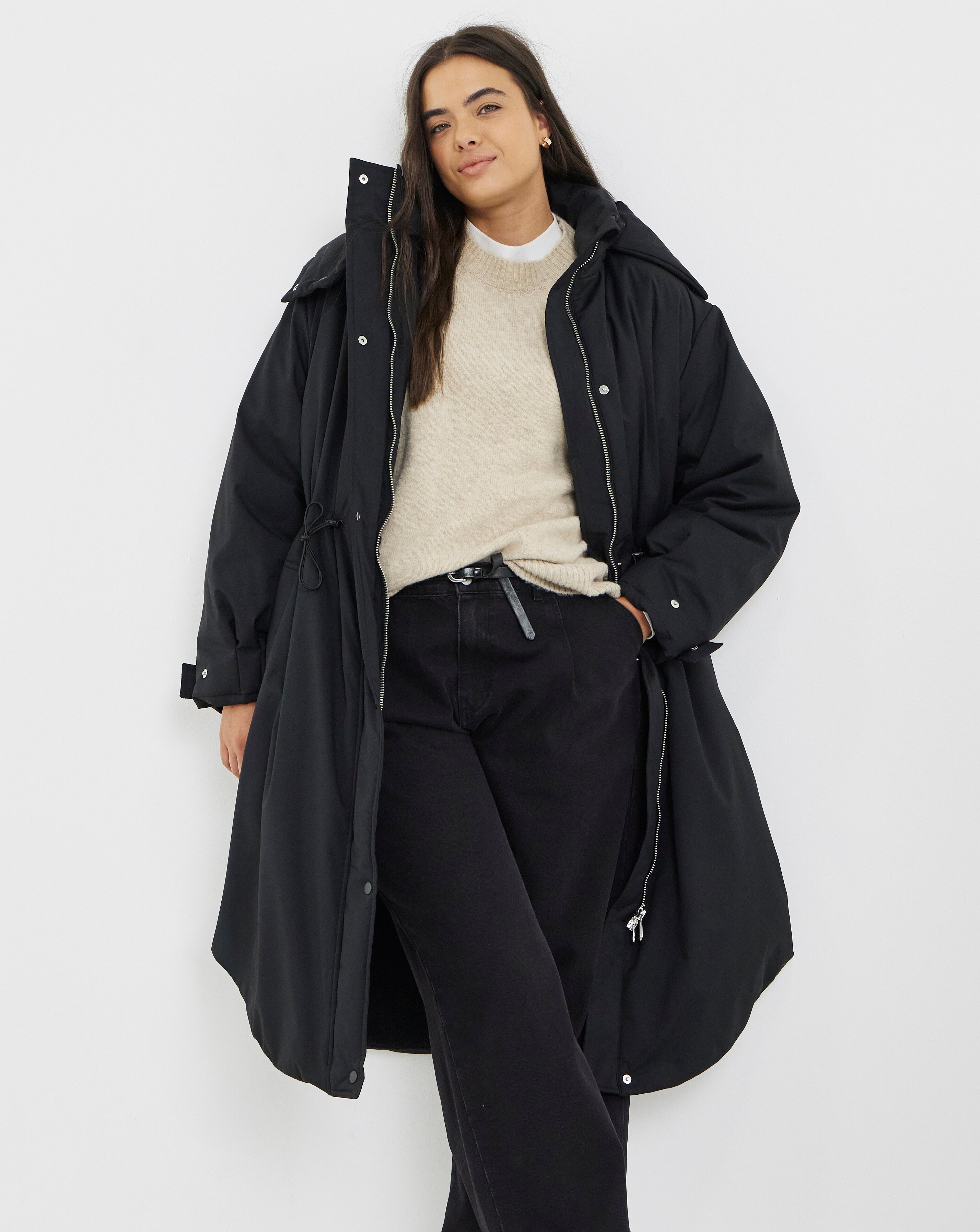 Black Fleece Lined Adjustable Waist Padded Parka