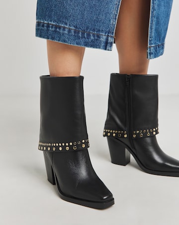 Enid Leather Western Studded Cuff Ankle Boots - Wide Fit (E)