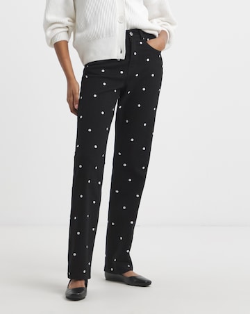 Mono Embroidered Spot Denim Straight Leg Jeans