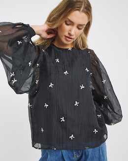 Simply Be Black Organza Embroidered Bow Blouse