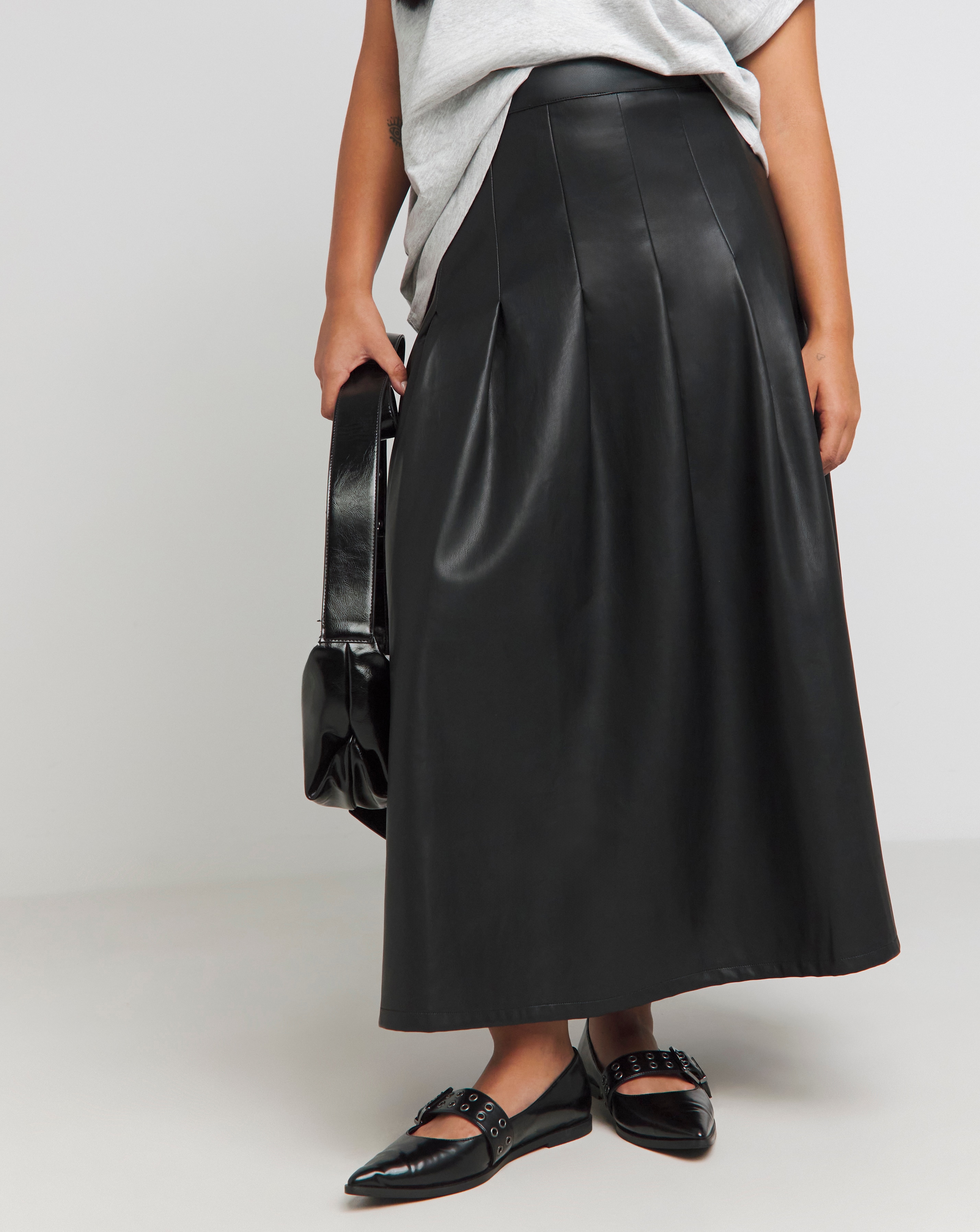 ◆BADBLOOD◆ Breeze Midi Skirt Black Black PU Pleated Midaxi Skirt | Simply Be
