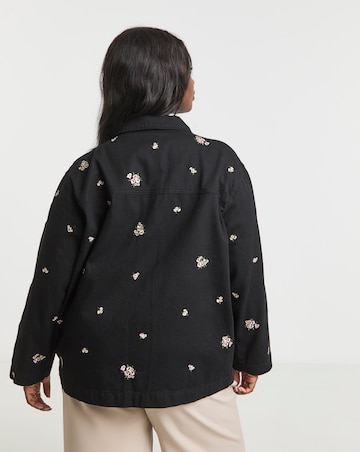 Washed Black Floral Embroidered Utility Shacket