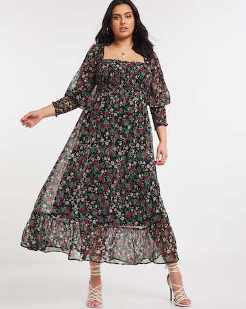 Floral Print Long Sleeve Shirred Chiffon Maxi Dress
