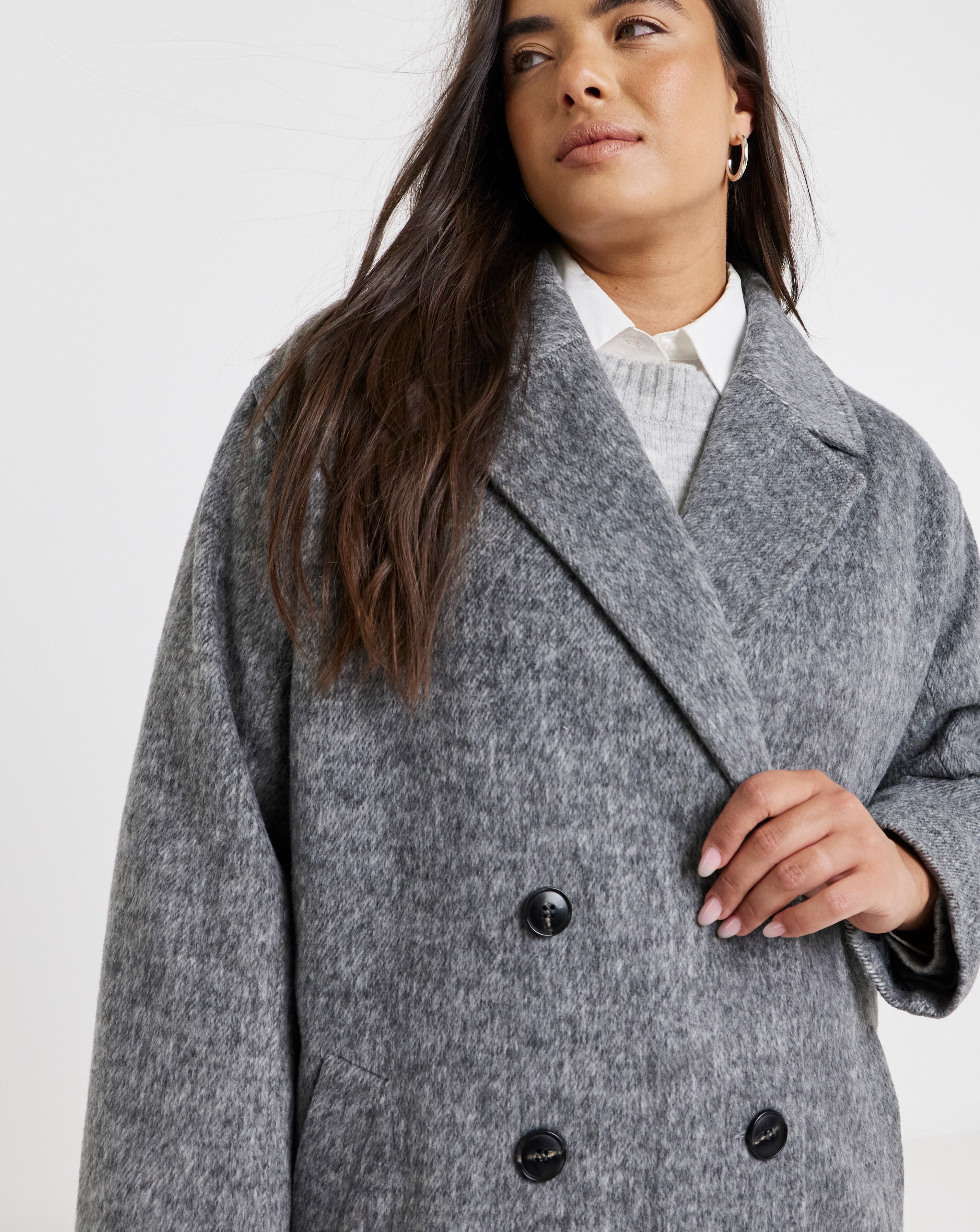 DOUBLE BREASTED MID COAT グレー Grey Double Breasted Midaxi Brushed Faux Wool Coat | Simply Be