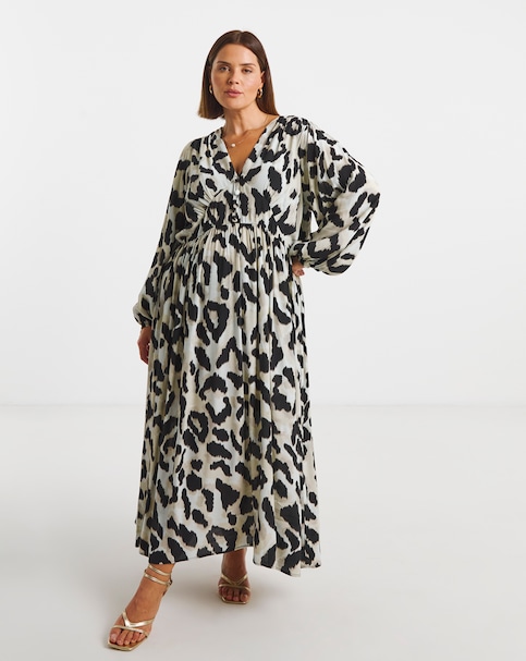Leopard Printed Waist Detail Midi Dress