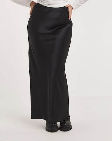 Black Stretch Satin Maxi Skirt