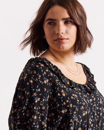 Ditsy Floral Print Frill Neck Detail Midi Dress