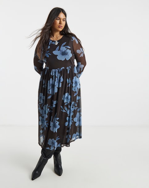 Chocolate And Blue Floral Printed Mesh Midi Dress