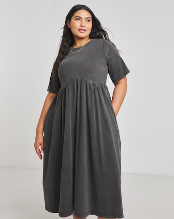 Acid Wash Jersey Smock Midi Dress With Pockets