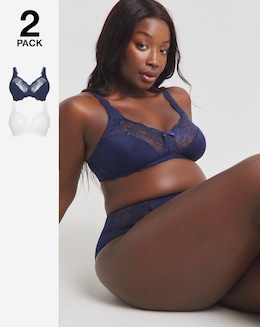 Pretty Secrets (2 Pack) Ella Lace Non Wired Full Cup Bras (B-H) Navy/White