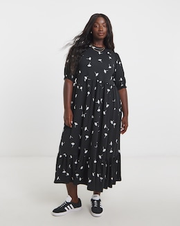 Black Ditsy Print Supersoft Tiered Midi Dress