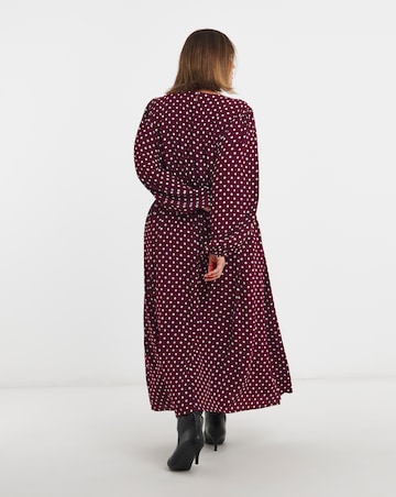 Burgundy Spot Printed Waist Detail Midi Dress