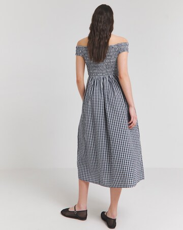 Nobody's Child Navy Gingham Check Bardot Amanda Midaxi Dress