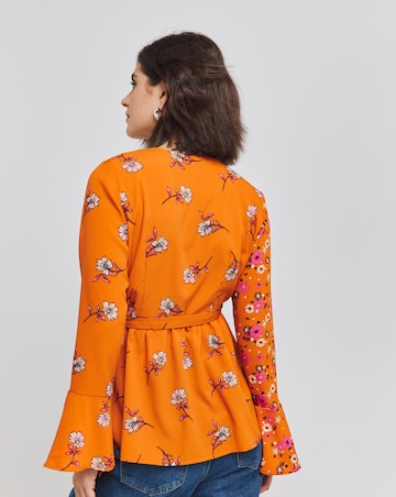 Rust Floral Mixed Print Functional Wrap Blouse