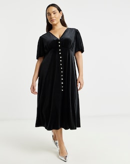 Simply Be Black Velour Button Through Midaxi Dress