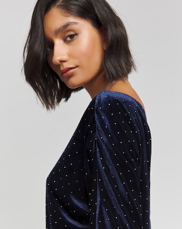 Navy Velour Hotfix Draped Midaxi Dress