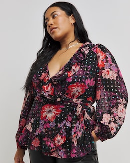 Printed Rainbow Foil Frill Wrap Blouse