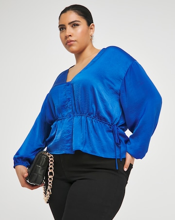 Simply Be Blue Velvet Satin Button Through Long Sleeve Blouse