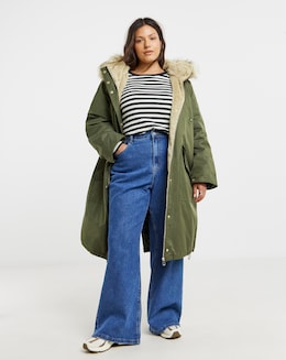 Khaki Hooded Fur Trimmed Parka
