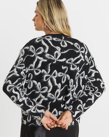 Simply Be Black Bow Print Fluffy Crew Neck Cardigan