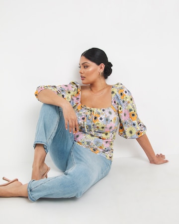 Square Neck Balloon Sleeve Floral Top