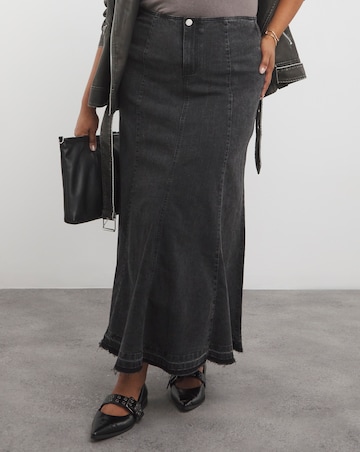 Washed Black Fit and Flare Denim Maxi Skirt