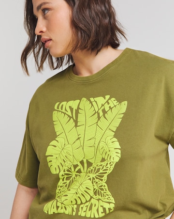 Khaki Acid Wash Amazons Longline Slogan T-Shirt