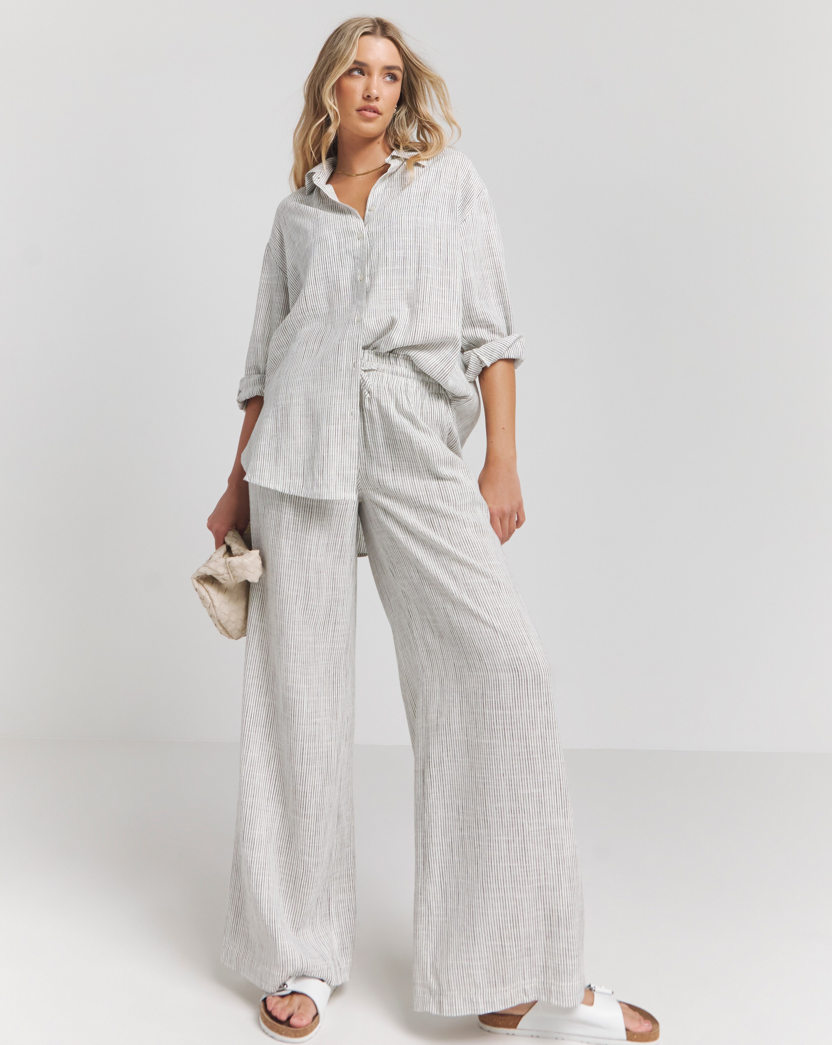 Simply Be Ivory Stripe Tie Waist Wide Leg Linen Trousers