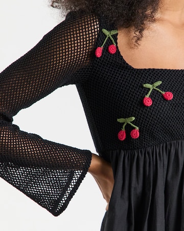 Simply Be Black Crochet Cherry Detail Skater Dress