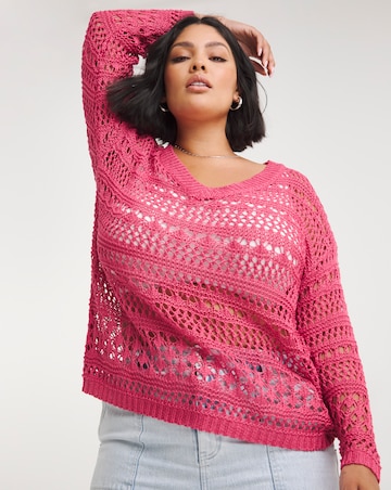 Pink Wide V Neck Crochet Jumper