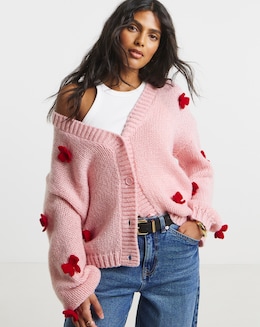 Pink Chunky Knit 3D Bow Cardigan