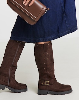 Zoey Studded Knee High Biker Boots - Wide Fit (E) &amp; Curvy Calf