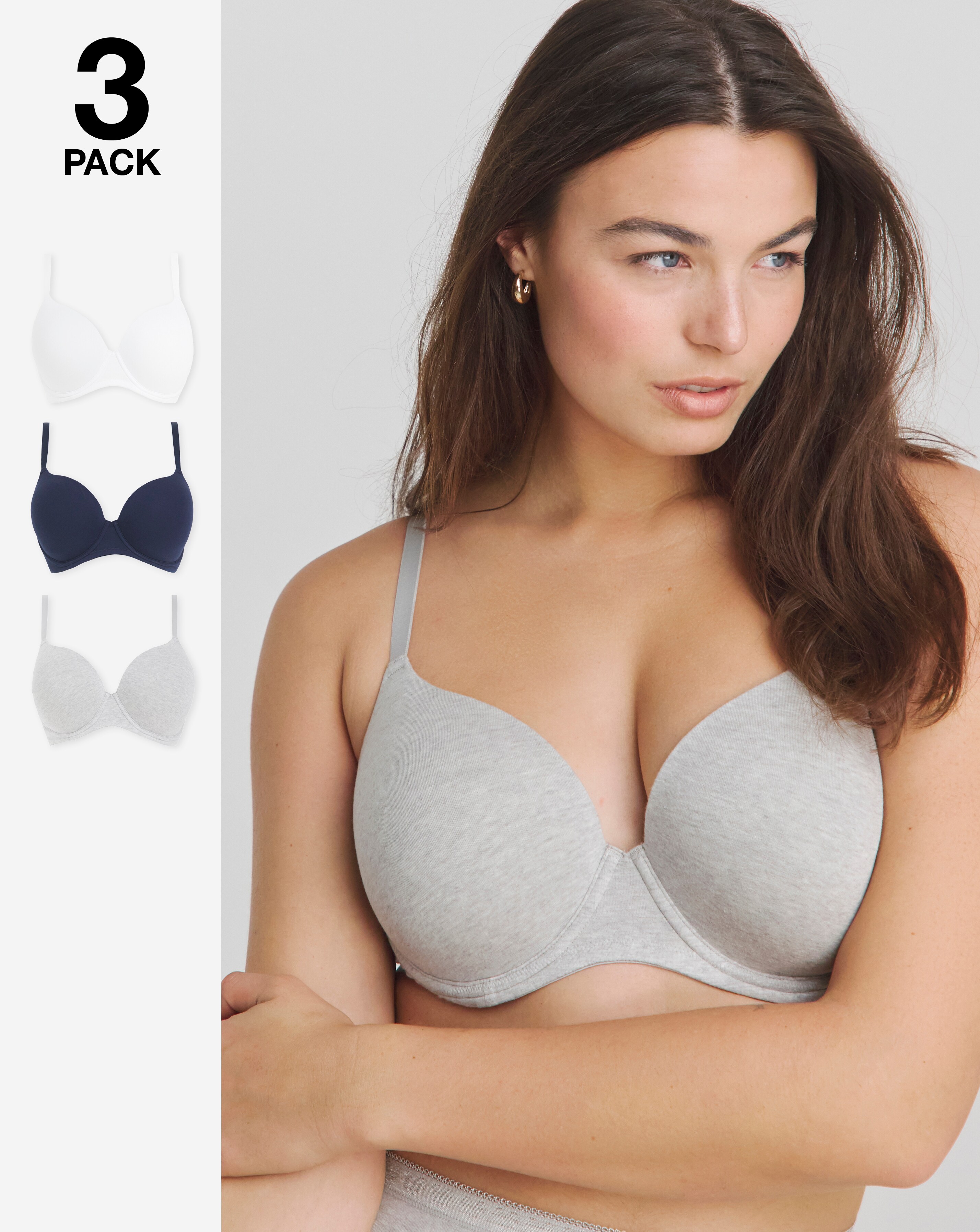 Pretty Secrets (3 Pack) Cotton T-Shirt Wired Bras (B-F) Grey/White/Navy