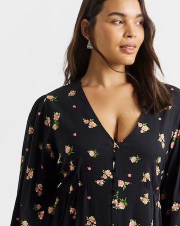 Simply Be Black Ditsy Floral Print Spun Viscose Button Through Midi Dress