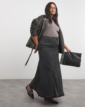 Washed Black Fit and Flare Denim Maxi Skirt