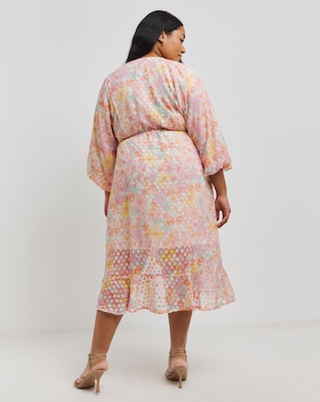 Printed Jacquard Frill Detail Midi Dress