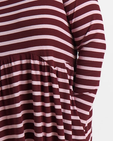 Burgundy And Pink Stripe Ribbed Midi Dress With Pockets