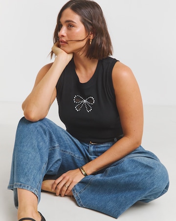 Simply Be Black Bow Cut Out Tank with Pearls