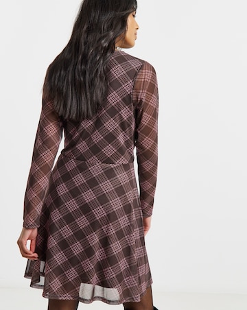 Check Print Mesh Lace Trim Skater Dress