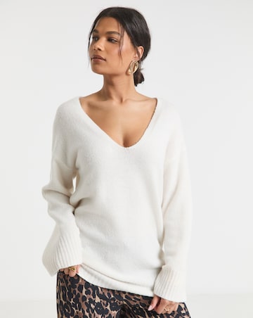 Ivory Slouchy V Neck Longline Jumper