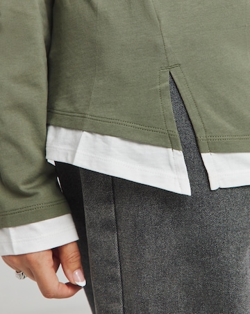 Khaki & Cream Long Sleeve Side Split T-Shirt
