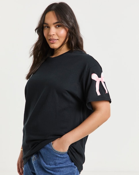 Simply Be Black Bow Sleeves Slogan T-Shirt