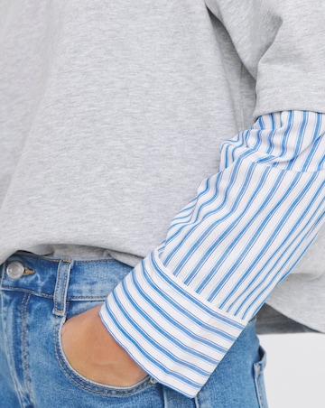 Grey Marl 2 in 1 Woven Sweatshirt with Stripe Sleeves