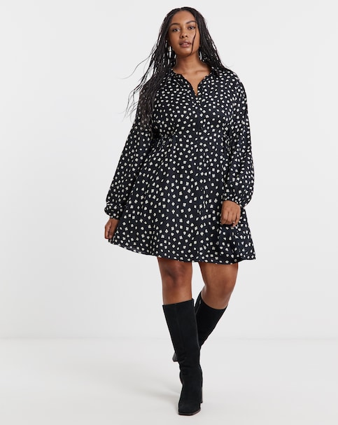 Black Print Shirt Dress With Cinch Waist Detail