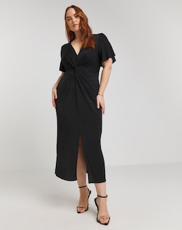 Simply Be Black Slinky Short Sleeve Knot Front Midaxi Dress