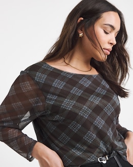 Chocolate &amp; Blue Check Print Mesh Scoop Back Top