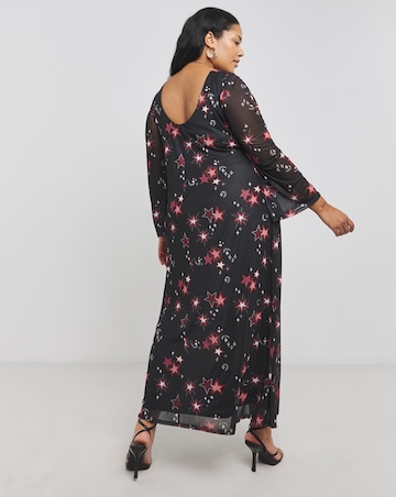 Star Printed Long Sleeve Scoop Back Mesh Maxi Dress